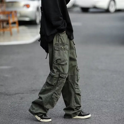 sanyamk Men's Multi-pockets Cargo Pants Autumn Vintage Solid Color Hiphop Overalls Baggy Casual High Street Mopping Trousers