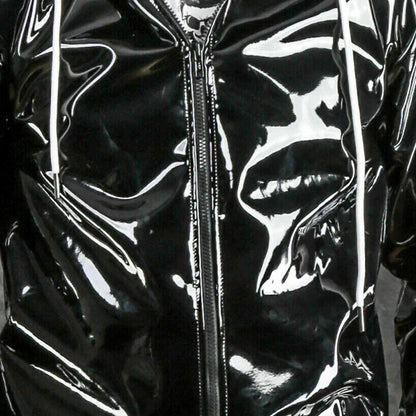 sanyamk Men's Hooded Fashion Pu Bright Leather Sports Suit Autumn New Striped Patent Leather Hooded Jacket Straight-Leg Pants Suits