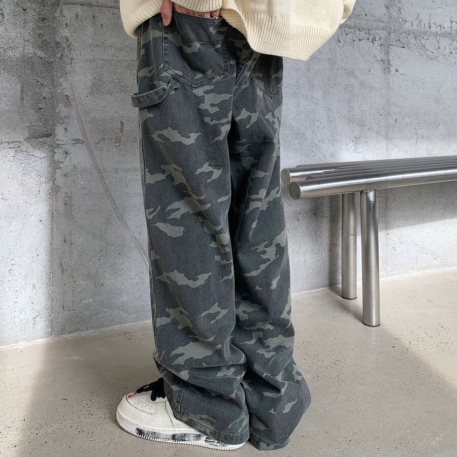 Bonsir Hip Hop Spliced Pockets Camouflage Autumn Casual Jeans Pants Men and Women Streetwear Baggy Straight Oversize Denim Trousers