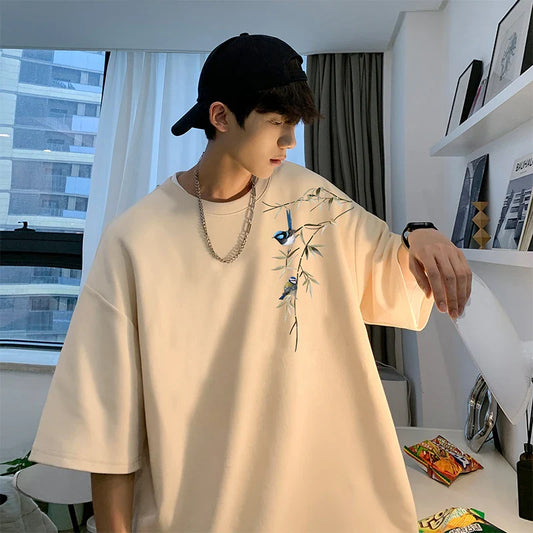 sanyamk  -  Men's Cotton Oversized T-shirts Mens 5XL T Shirt Casual Summer Wear Bamboo Print Fashion White Tee Shirts for Men Clothing