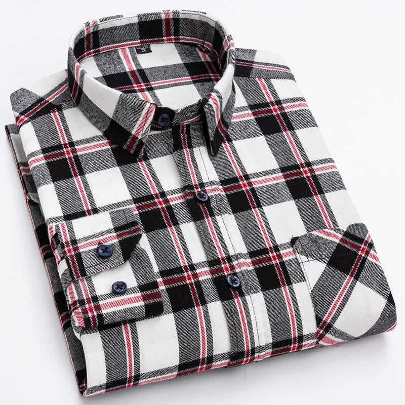 sanyamk Long Sleeve Flannel Plaid Shirts For Men Daily Tops Spring Autumn New 100% Cotton Regular Fit Checkered Casual Shirt Large Size