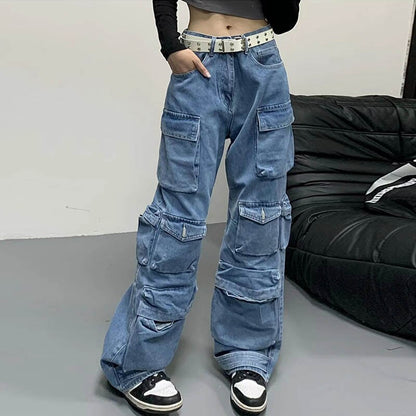 Bonsir Harajuku Solid Color Washed Blue Jeans Pants Men and Women Straight Streetwear Pockets Distressed Denim Cargo Trousers Oversize