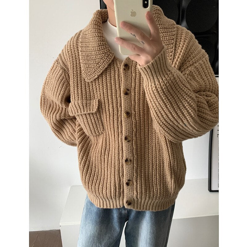 Bonsir Winter Sweater Cardigan Men Warm Fashion Retro Pocket Sweater Coat Men Korean Loose Long Sleeve Sweater Mens Jumper Clothes