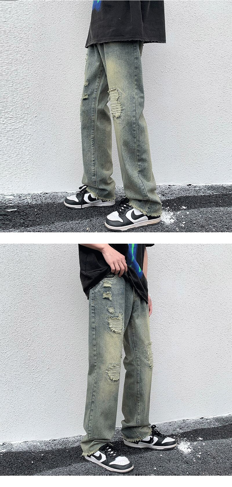 Bonsir Blue green Ripped Vintage Man's Distressed Jeans Streetwear Hole Hip Hop Jean Pants Summer Fashion Straight Denim Trousers