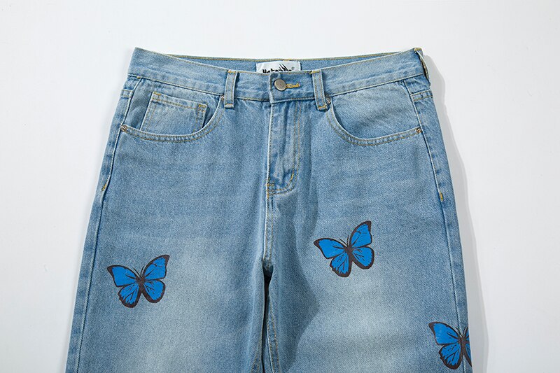 sanyamk Harajuku Butterfly Print Washed Blue Jenas Pants for Mens Retro Straight Vibe Style Ripped Casual Denim Trousers Oversized