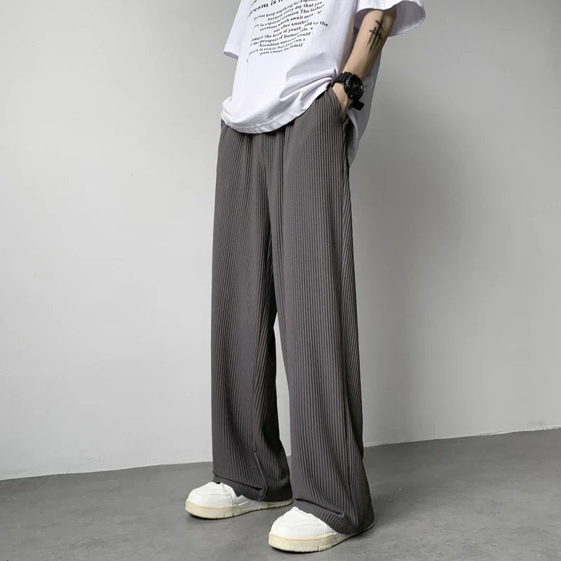 Bonsir Summer Casual Pants Men Fashion Oversized Wide Leg Pants Men Trousers Streetwear Korean Loose Pleated Pants Mens Ice Silk Pants