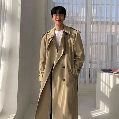 sanyamk Khaki Black Trench Coat Men Oversized Fashion Casual Long Coat Men Streetwear Korean Loose Windbreaker Jacket Mens Overcoat