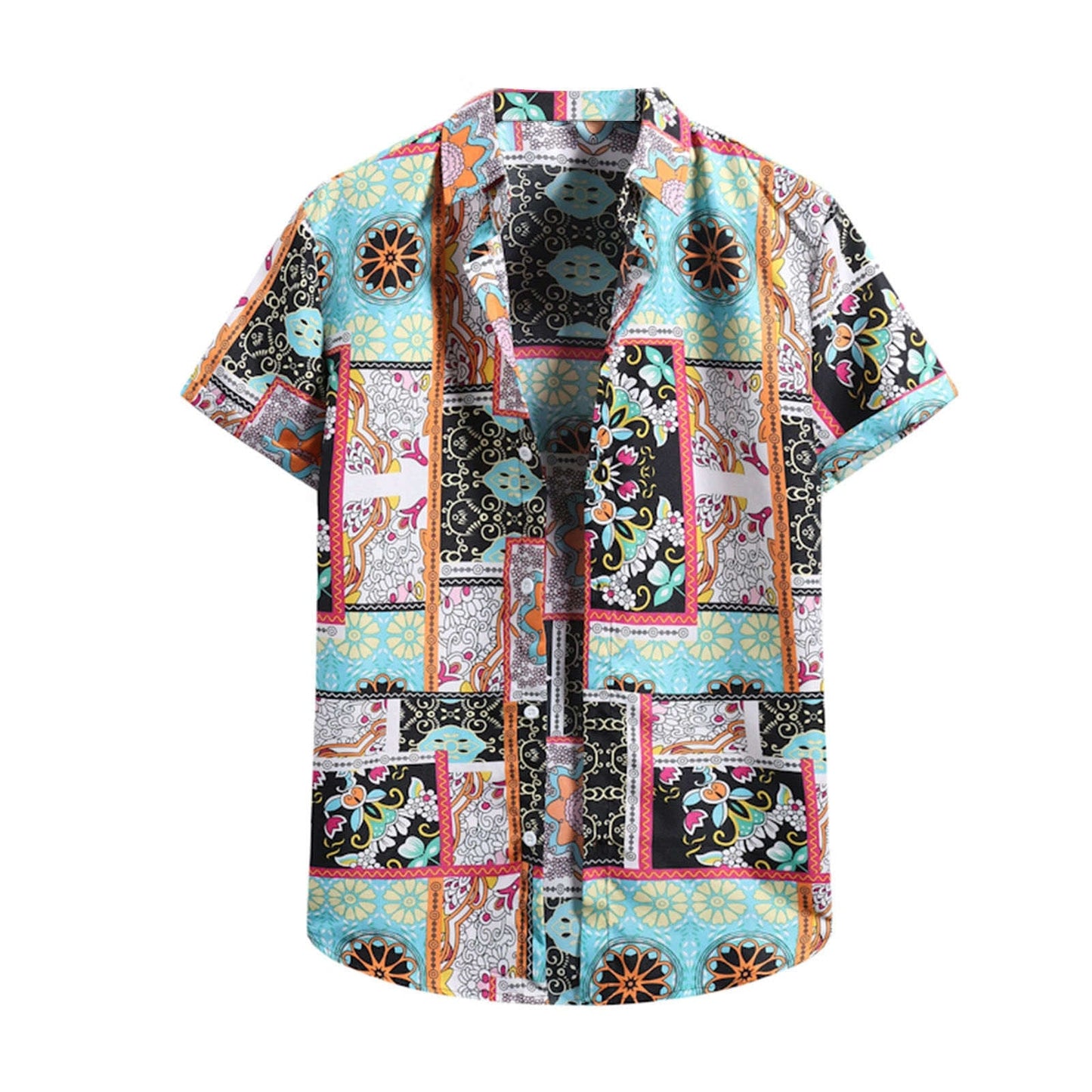 sanyamk Men's Shirts Vintage Ethnic Style Lattice Printing Summer Casual Streetwear Stand Collar Short Sleeve Loose Mens Hawaiian Shirt