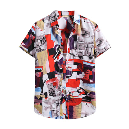 sanyamk Men's Shirts Vintage Ethnic Style Lattice Printing Summer Casual Streetwear Stand Collar Short Sleeve Loose Mens Hawaiian Shirt