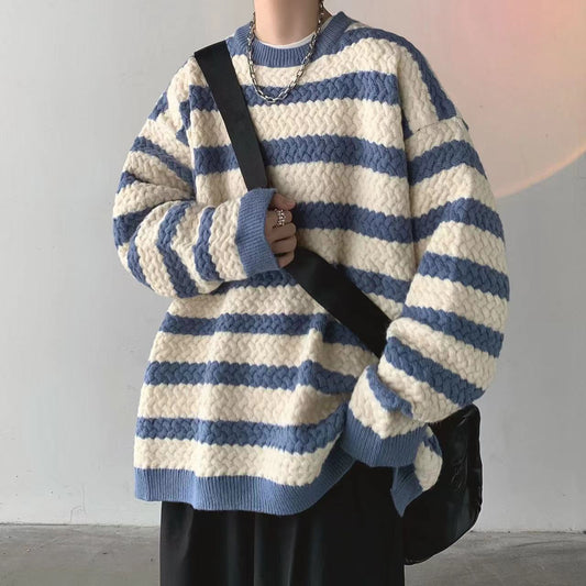 sanyamk Winter Men's Stripe Printing Coats Round Neck Wool Sweater Retro Loose Pullover Fashion Trend Thickened Knitting M-2XL