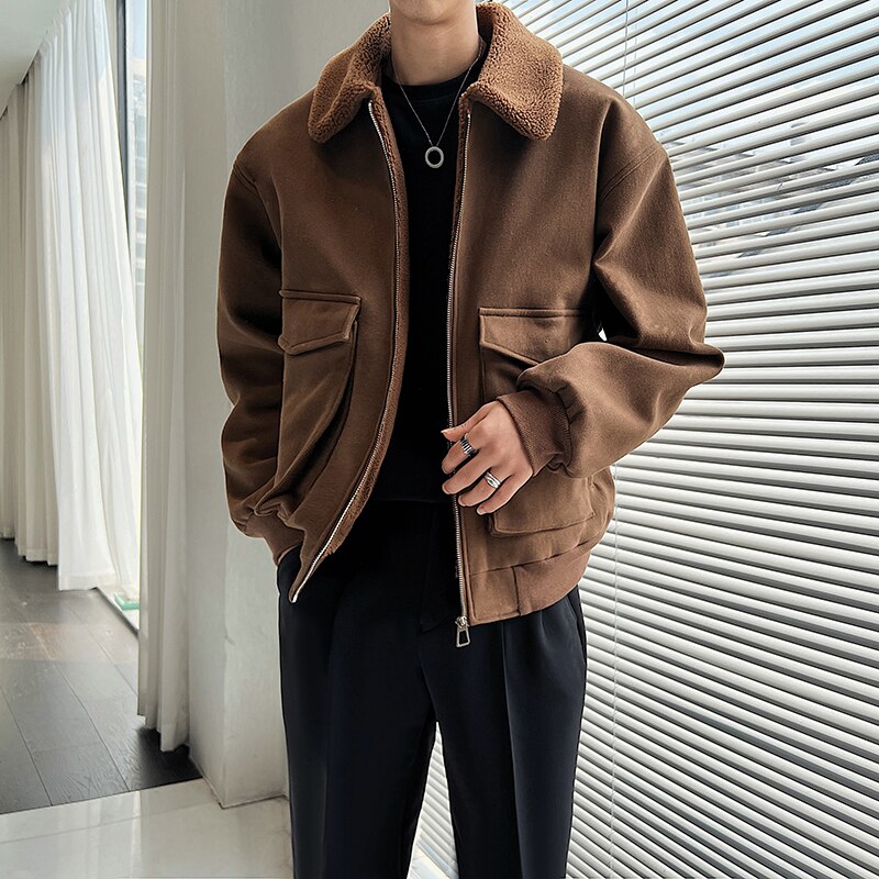 sanyamk Winter Men Lamb Fur Inner Fashion Loose Casual Vintage Short Cargo Jacket Male Japan Korean Streetwear Coat Outerwear