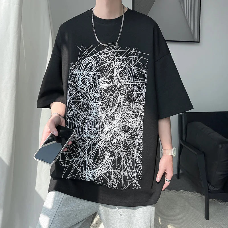 Bonsir Couple Large Size Loose Abstract Thread Character Short Sleeve T-Shirt Men's High Street Hip Hop Cotton White T-Shirt Top M-5XL