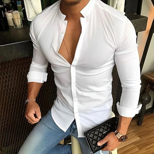 sanyamk Muscle Men's Long Sleeved Shirt Spring Summer Stand Collar Casual Top Fashion Solid Color Sweat-absorbing Breathable Shirts Male