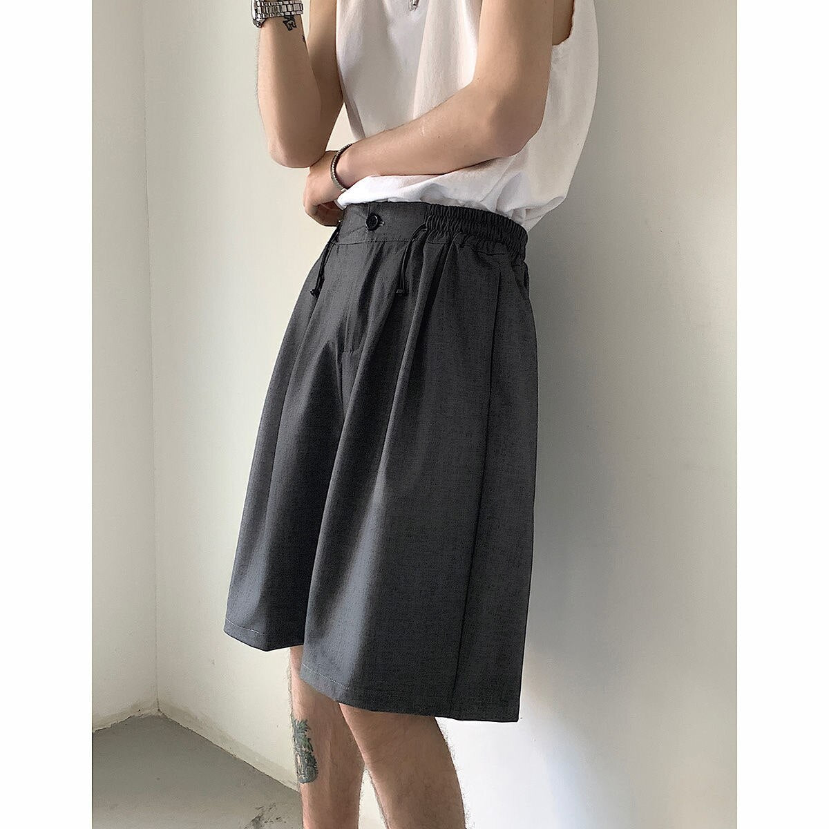 sanyamk Men's Korean Style Summer Men's Loose Straight Suit Shorts Cotton Elastic Waist Cargo Shorts Multi-pocket Casual Shorts