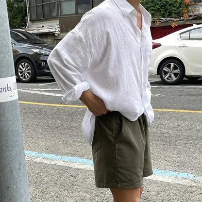 sanyamk Unisex Oversized Linen Shirt Coat Men's Long Sleeve Casual Loose Fit Fashion Japanese Korean Style Sun Protection Clothing