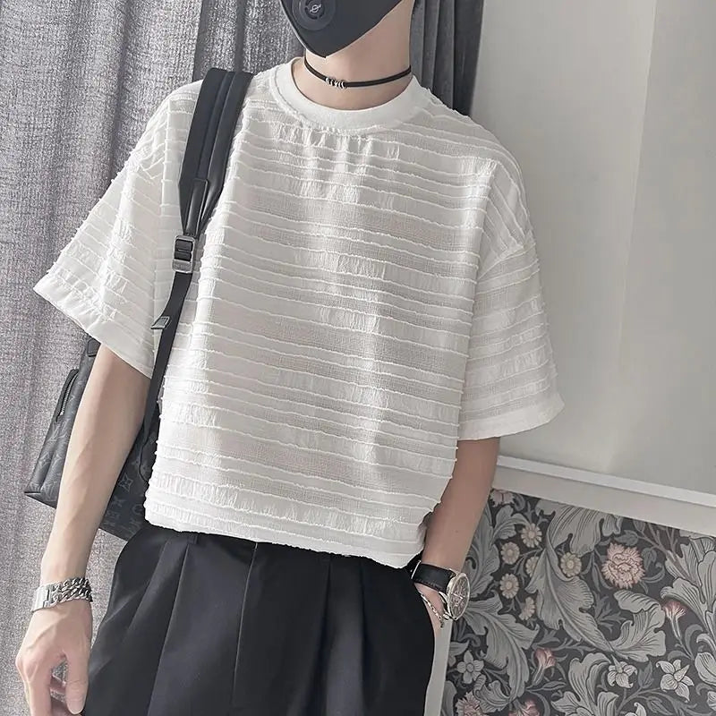 Bonsir Striped Mesh T-shirts for Men Beach Short Sleeve Tee Male Summer Translucent Breathable Tops O-neck Casual Streetwear