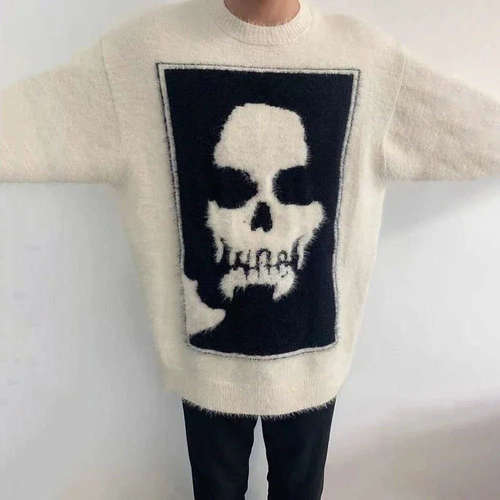 Bonsir Y2k High Street Skull Jacquard Sweater For Men And Women Autumn And Winter New Loose Couple Knitted Sweater Tops