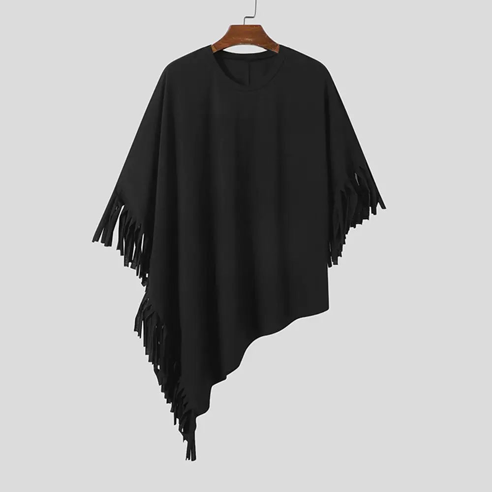 Bonsir New Men T Shirt Tassel Solid Color Cloak Punk Style Streetwear Fashion Irregular Tops O-neck Loose Casual Cape Camisetas