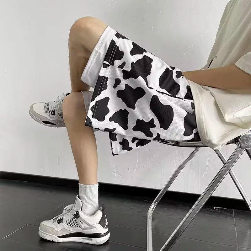 Bonsir Casual Pants Men Cow Print Streetwear Summer Knee-length Fake Two Pieces Teenagers American Style Loose Oversize Drawstring Soft