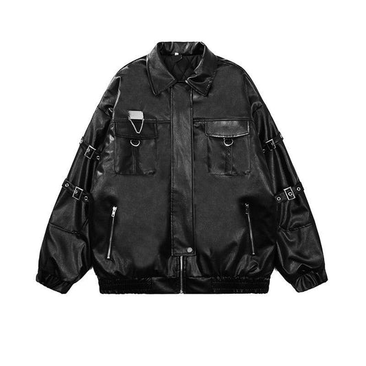 Bonsir Rainbowtouches Mens Motorcycle Jacket PU Leather Cargo Mutil Pocket Hip Hop Coat Parkas Thicken Jackets Black White Streetwear