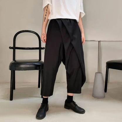 sanyamk Men Double-Layer Irregular Pleated Wide-Leg Pants 2024 New Genderless Dark Style Retro Loose Solid Color Nine-Point Pants Unisex