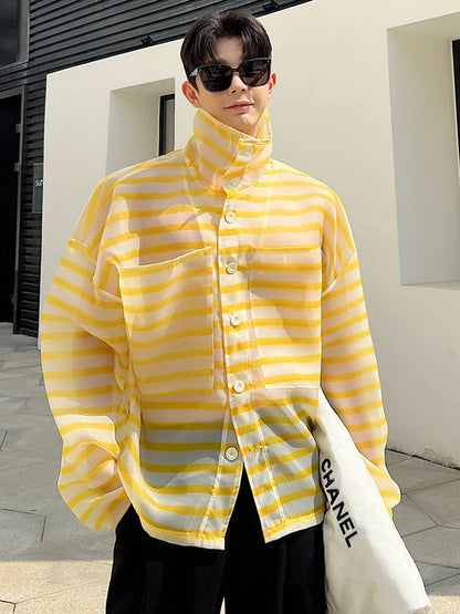 sanyamk 2024 Spring Summer Stylish Loose Stripe Translucent Design Casual Shirt Jacket Men's Sunscreen Clothes Tops Beach