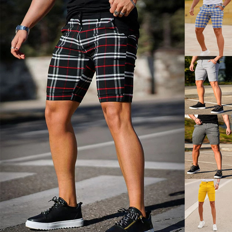 Bonsir Vintage Plaid Printed Slim Fit Shorts Men's 2023 Spring Summer Streetwear Fashion Mid Waist Button Short Pant Men Leisure Shorts
