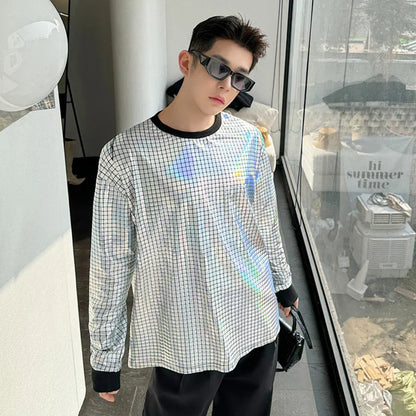 sanyamk  -  Korean Men's Round Collar T-shirt Fashion Bright Face Design Plaid Trend Long Sleeve T-shirts Pullover Top Trend 9C5122
