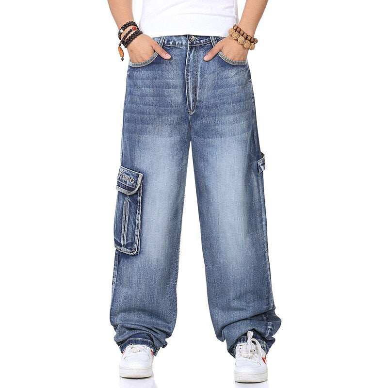 sanyamk Plus Size 46 Multiple Pockets Cargo Jeans Men Loose Hip Hop Jeans Streetwear Skateboard Baggy Denim Trousers Male