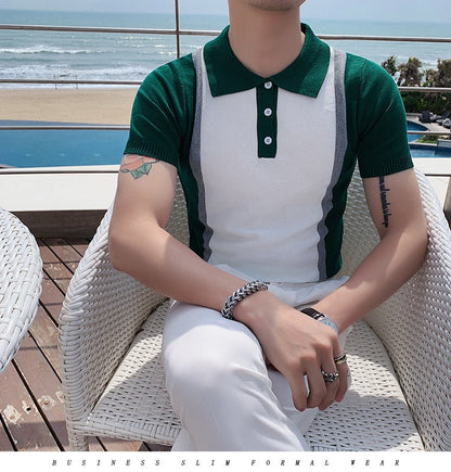 sanyamk Summer Top Quality Green White Color Contrast Knitted Polo Men Breathable Polo Short Sleeve Playera Polo Hombre Slim Men Polo