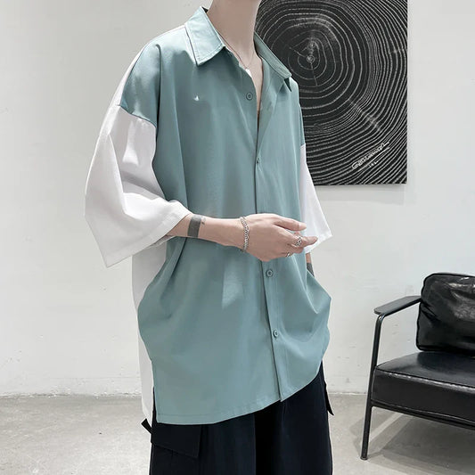 Bonsir Summer Short Sleeved Shirt Men Contrasting Color Casual Shirt Men Streetwear Korean Loose Ice Silk Shirt Mens Oversized Shirts