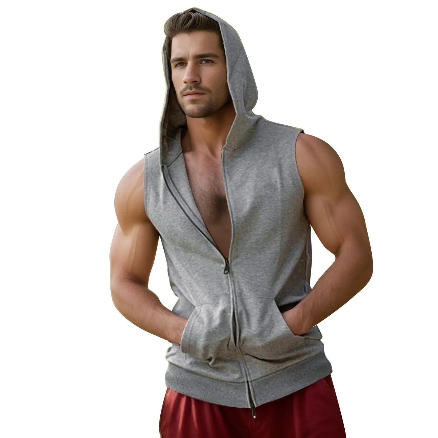 sanyamk Sports Tank Tops Men Fitness Muscle Print Sleeveless Hooded Bodybuilding Pocket Tight-drying Tops Summer Shirt For Men Clothing