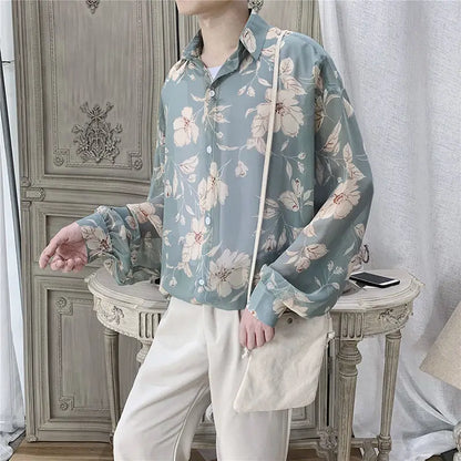 sanyamk Fashion Streetwear Korean Printing Loose Turn-down Collar Man Long Sleeve Men's Clothing Button Spring Summer Thin Shirts Tops