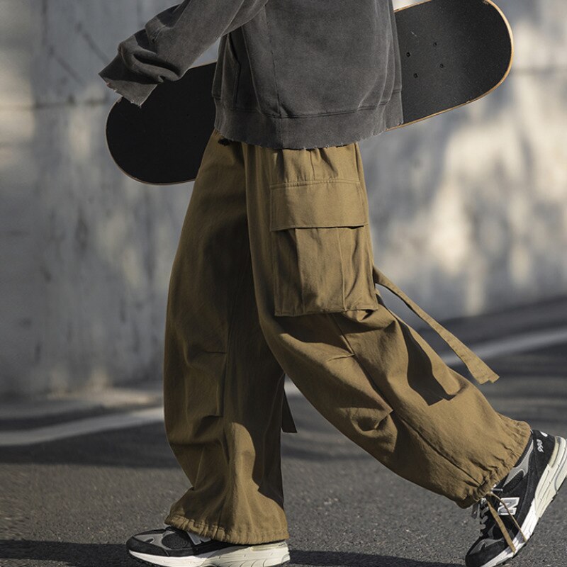 Bonsir Cotton Cargo Pants Men Fashion Retro Pocket Casual Pants Men Japanese Streetwear Hip Hop Loose Straight Pants Mens Trousers