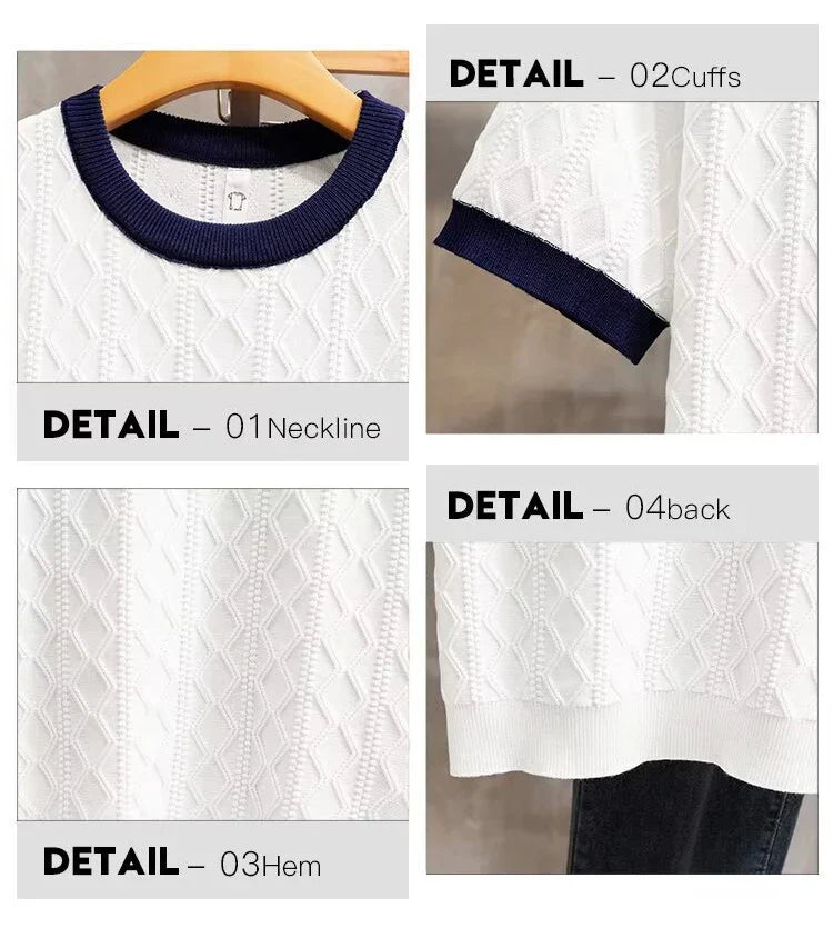 sanyamk Fashion Jacquard Knitted T-shirts For Men Summer short sleeved O-neck Contrast Color Patchwork Thin Tee Tops Casual Knitwear