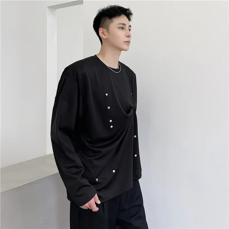 sanyamk Spring Personalized Metal Button T-Shirt Sweater Men's Korean Version Fashionable Long Sleeve T-Shirt Loose Casual Coat