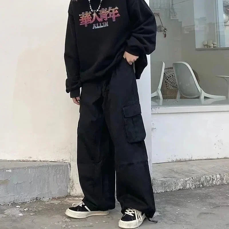 Bonsir Baggy Black Cargo Pants for Men Khaki Cargo Trousers Male Harajuku Loose Casual Autumn Japanese Streetwear Hip Hop Retro