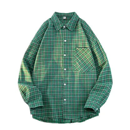 Bonsir Harajuku Long Sleeve Plaid Shirts Men Autumn Loose High Street All-match Shirt Gentleman Camisa Check Tops Stylish 5XL-M