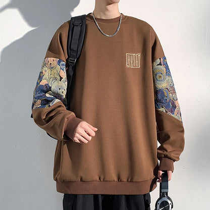 sanyamk  -  Autumn New Men's Sweatshirts Bear Parttern Patchwork Oversized Male Clothing Embroidery Design Round Neck Pullover Tops