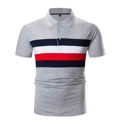 sanyamk Men's Polo Shirts Summer Casual Cotton Color Matching Striped Short Sleeve Lapel POLO Shirt Male Golf Grey Loose Tops Fashion