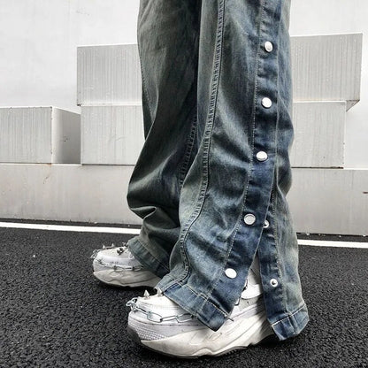 Bonsir Jeans Men Washed Old Breasted Oversized Denim Pants New Harajuku Fashion Casual Retro Loose Hip Hop Straight Trousers Streetwear