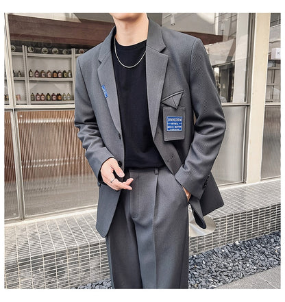 sanyamk Mens Suits Sets Jacket Pant Men Korean Streetwear Office Fashion Loose Casual Blazer Suit Jacket Pant Chic Trend Dress Suits