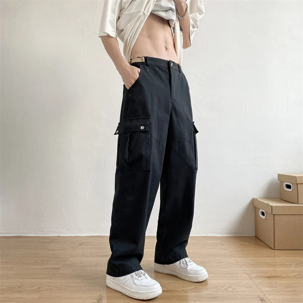 Bonsir Pocket Cargo Nine-Point Pants For Men In Autumn American High Street Hip-Hop Loose Straight Wide-Leg Casual Long Pants For Men