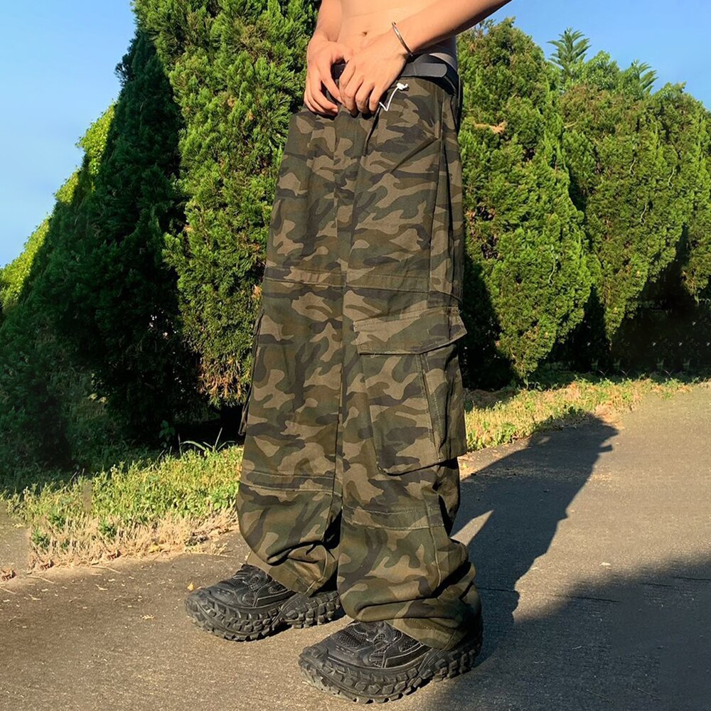 sanyamk American Retro Loose Cotton Hip-hop Camouflage Overalls Men's Street Y2K Multi-pocket Straight Wide-leg Casual Trousers Trendy