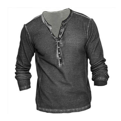 Bonsir Vintage Solid Cotton T Shirt Men Vintage Buttoned Crew Neck Pullover Casual Mens Clothes Long Sleeve Loose Tees Autumn Fashion