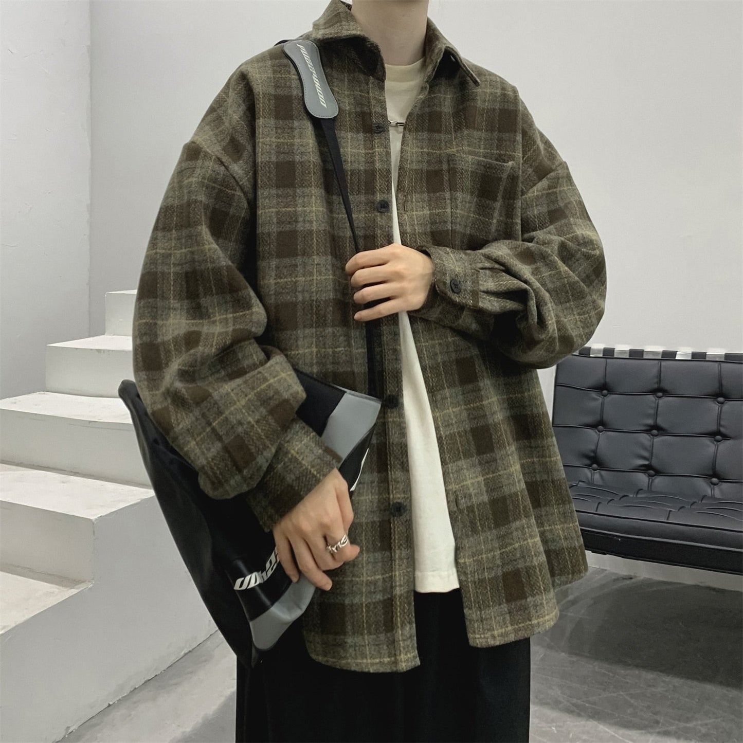 sanyamk New Plaid Shirt For Men Harajuku Vintage Loose Unisex Casual Blouses Japanese Style Male Cardigan Clothing