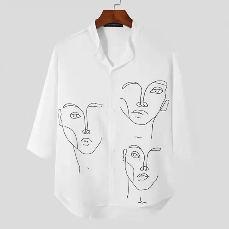 sanyamk Human Face Pattern Shirt Top Three Quarter Sleeve Casual Shirt Black and White Fashionable Young People Street Clothing Summer