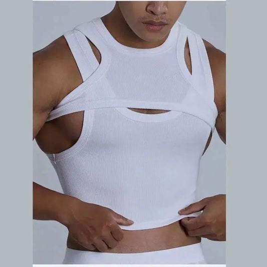 sanyamk 2024 Pure Cotton Tank Tops Men's Motion Tight Elastic Force Bottoming Shirt Round Neck Hollow Out Fashion Undershirt