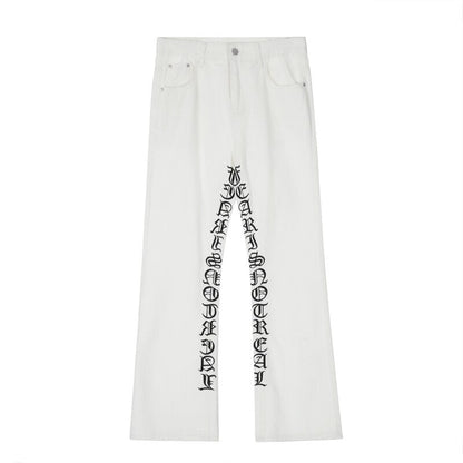 sanyamk High Street Sanskrit Embroidered Flared Jeans Men and Women Vibe Style Loose Straight Casual Denim Trousers Retro Baggy Pants