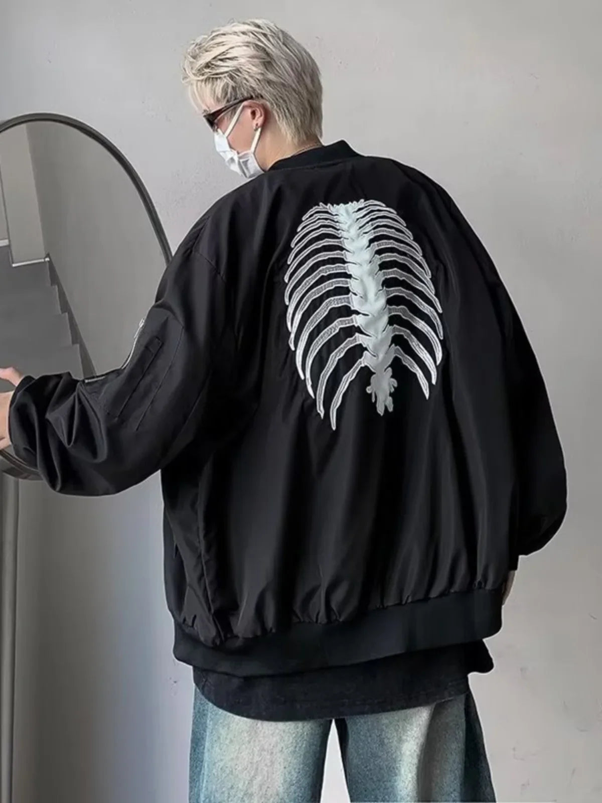 sanyamk American High Street Hiphop Skeleton Embroidered Baseball Coat Men's Autumn Fashion Brand Dark Black Pilot Jacket fall